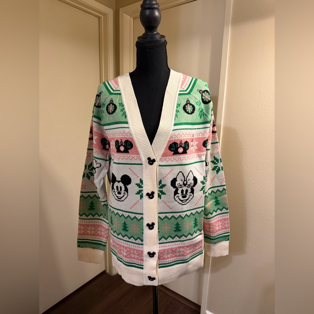 Disney Green and Pink Women's Cardigan Sweater Small